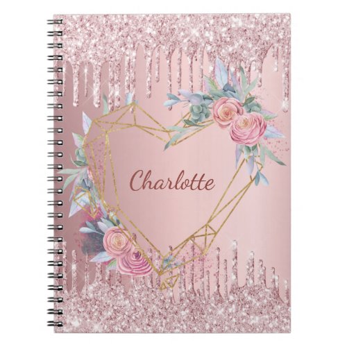 Blush pink glitter floral monogram name diary notebook
