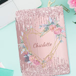 Blush pink glitter floral monogram name iPad pro cover<br><div class="desc">A blush pink metallic looking background. Faux glitter drips,  paint dripping look as decoration. A golden heart decorated with pink flowers.  Personalize and add a name. The name is written a modern dark rose gold colored hand lettered script.</div>