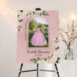 Blush Pink Glitter | Floral Quincea&#241;era Welcome Foam Board