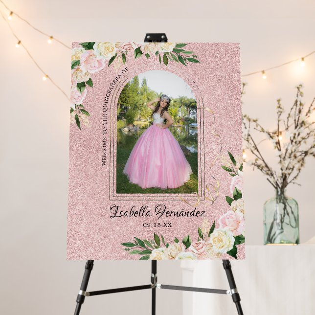 Blush Pink Glitter | Floral Quinceañera Welcome Foam Board (In Situ (Stand))