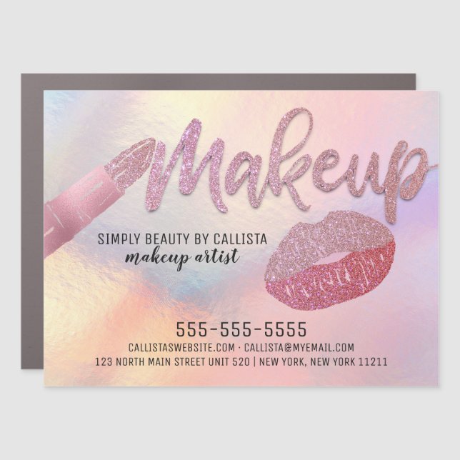Blush Pink Glitter Foil Lips Iridescent Makeup Car Magnet (Front)