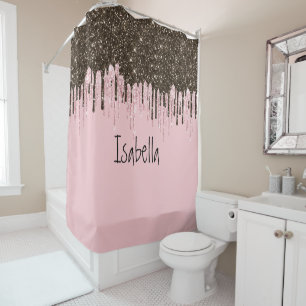 Blush Pink Glitter Girly Sparkle Personalized Name Shower Curtain