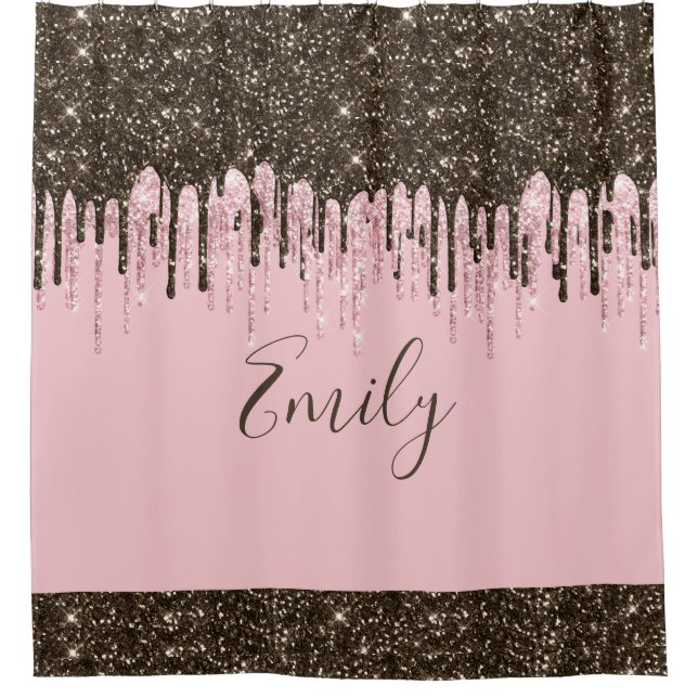 Blush Pink Glitter Girly Sparkle Personalized Name Shower Curtain (Front)