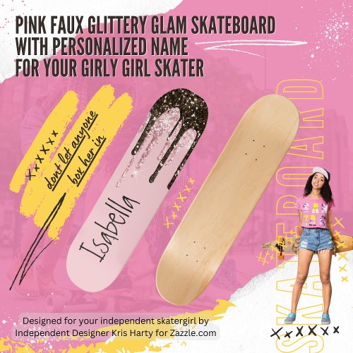 Blush Pink Glitter Girly Sparkle Personalized Name Skateboard
