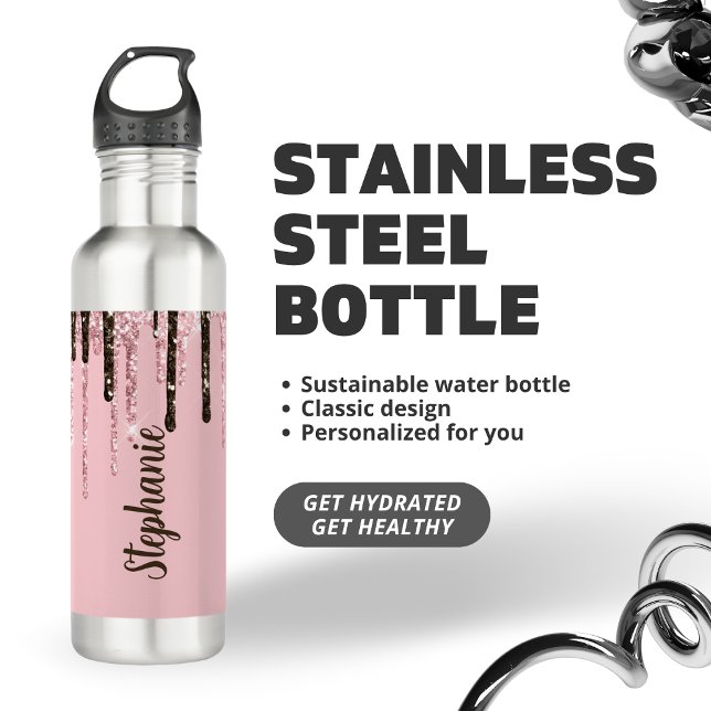 Blush Pink Glitter Girly Sparkle Personalized Name Stainless Steel Water Bottle (Creator Uploaded)