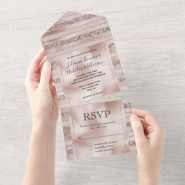 Blush Pink Glitter Glam Stripes All In One Invitation (Tearaway)