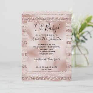 Blush Pink Glitter Glam Stripes Baby Shower Invitation