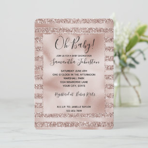 Blush Pink Glitter Glam Stripes Baby shower Invitation