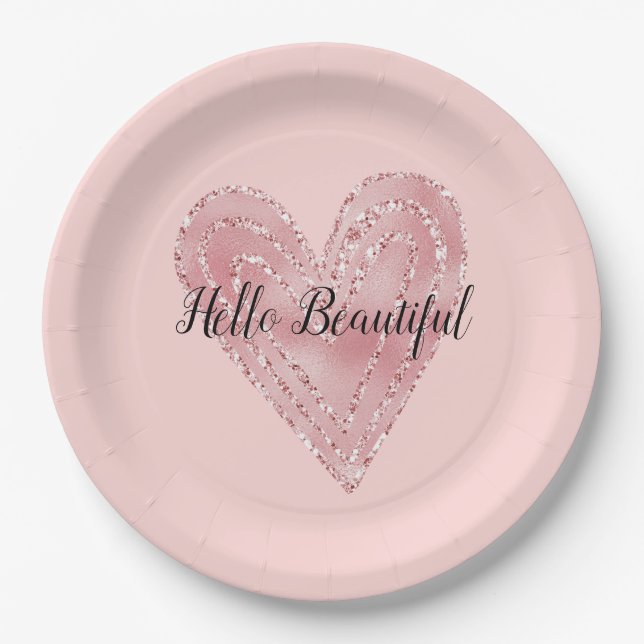 Blush Pink Glitter Glitzy Heart Paper Plates (Front)