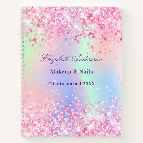 Blush pink glitter holographic name business notebook
