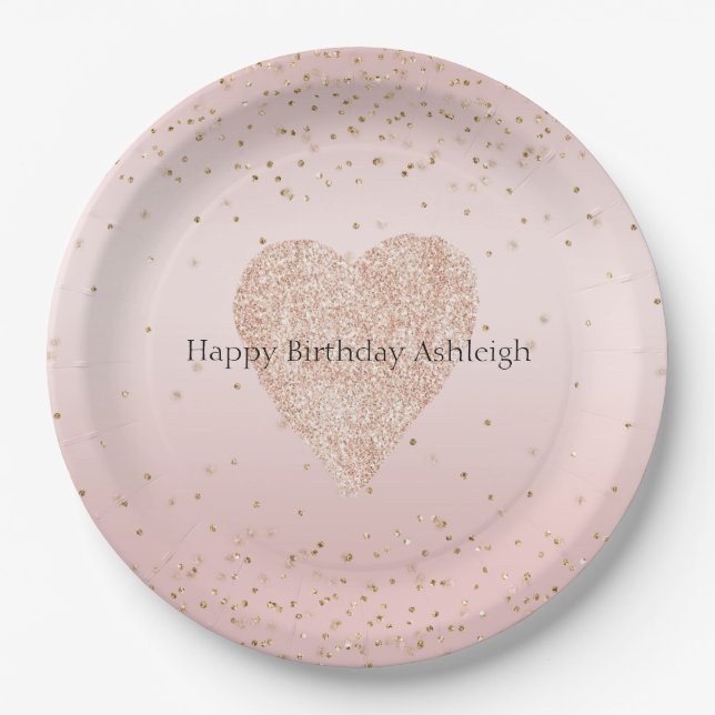 Blush Pink Glitter Love Gold Confetti Heart      Paper Plates (Front)
