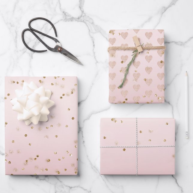 Blush Pink Glitter Love Gold Confetti Hearts Wrapping Paper Sheets (Front)
