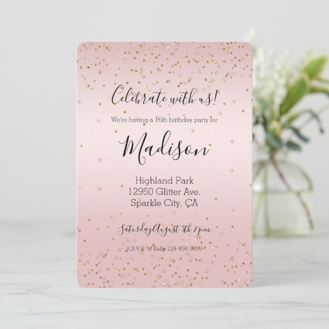 Blush Pink Glitter Love Gold Confetti   Invitation (Standing Front)