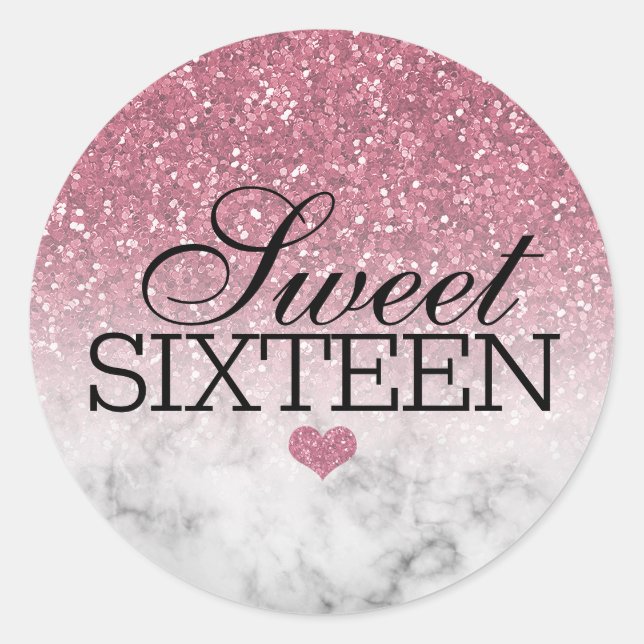Blush Pink Glitter/Marble Sweet 16 Classic Round Sticker (Front)