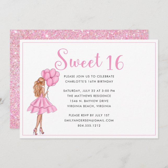 Blush Pink Glitter Modern Sweet 16 Birthday Party  Invitation (Front/Back)