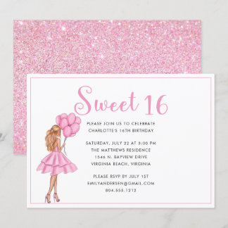 Blush Pink Glitter Modern Sweet 16 Birthday Party Invitation