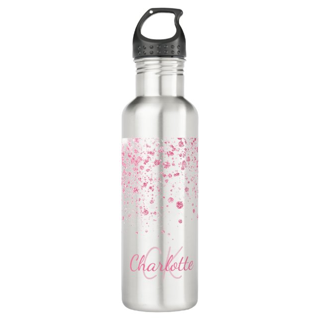 Blush pink glitter monogram girl stainless steel water bottle (Front)
