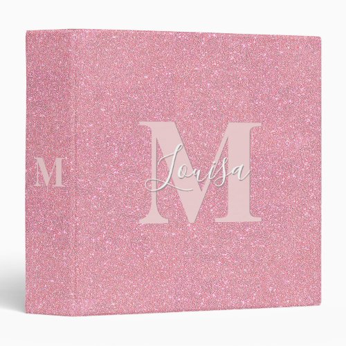 Blush pink glitter monogram name 3 ring binder