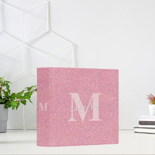 Blush pink glitter monogram name 3 ring binder