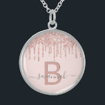 Blush pink glitter monogram rose gold elegant sterling silver necklace<br><div class="desc">Girly, trendy and monogrammed. A feminine blush pink background decorated with faux rose gold glitter drips. Personalize and add a name and monogram letter. Gray and rose gold colored letters. The name is written with a modern hand lettered style script with swashes. To keep the swashes only delete the sample...</div>