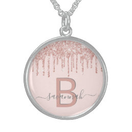 Blush pink glitter monogram rose gold elegant sterling silver necklace
