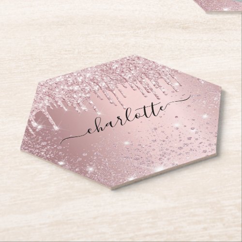 Blush pink glitter name script paper coaster