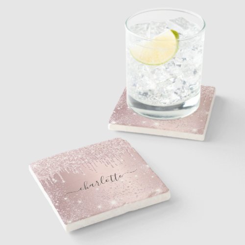 Blush pink glitter name script stone coaster