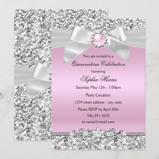 Blush Pink Glitter Pearl Bow Quinceanera Birthday Invitation (Front/Back)