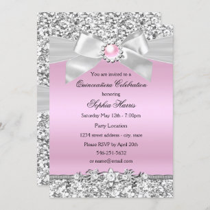 Blush Pink Glitter Pearl Bow Quinceanera Birthday Invitation