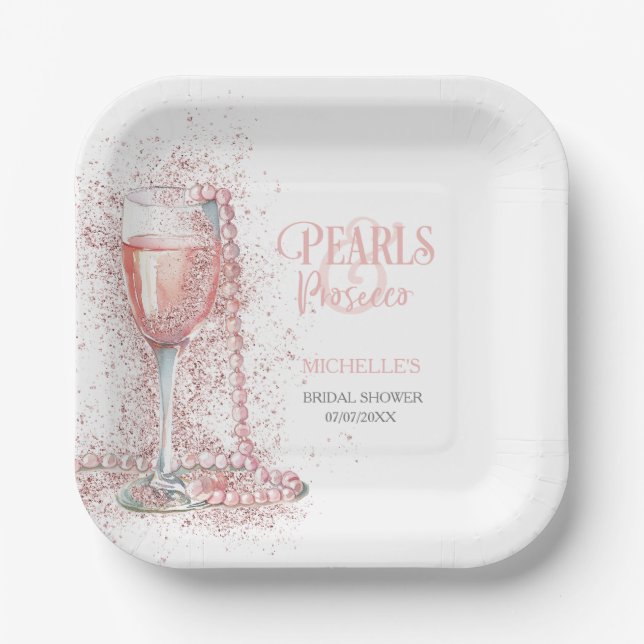 Blush Pink Glitter Pearls and Prosecco Thank You Paper Plates (Front)