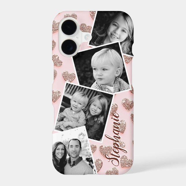 Blush Pink Glitter Photo Collage Personalized Name Case-Mate iPhone Case (Back)