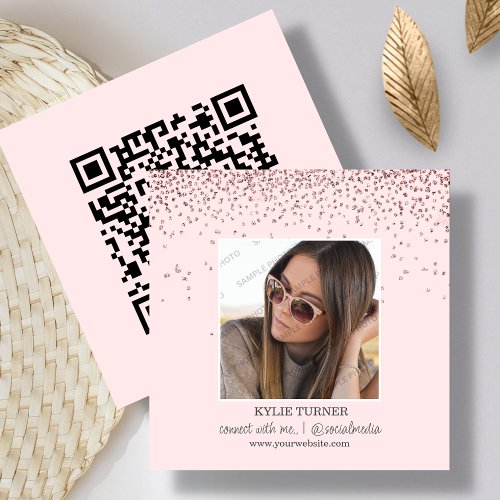 Blush Pink Glitter  Photo Social Media QR Code   Square Business Card