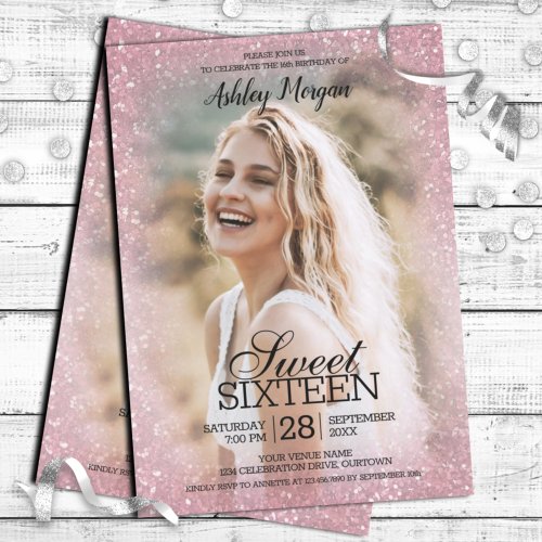 Blush Pink Glitter Photo Template Sweet 16 Party