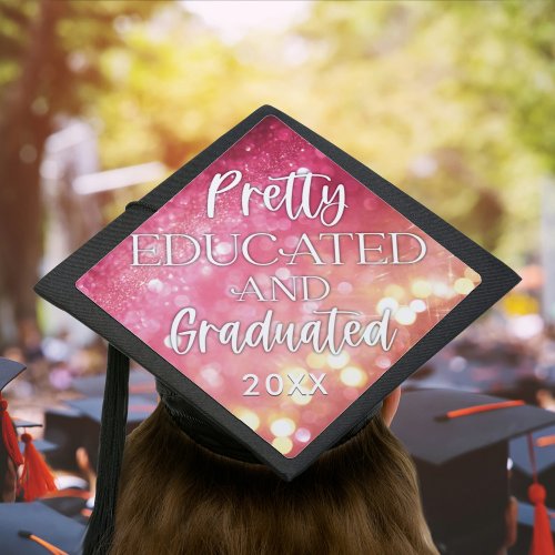 Blush Pink Glitter Pretty Educated Graduated Graduation Cap Topper