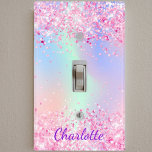 Blush pink glitter purple monogram name light switch cover<br><div class="desc">Rainbow,  holographic background in pink,  purple,  rose gold and mint green.  Decorated with faux glitter dust. Personalize and add a name,  purple colored letters.  The name is written with a modern hand lettered style script.</div>