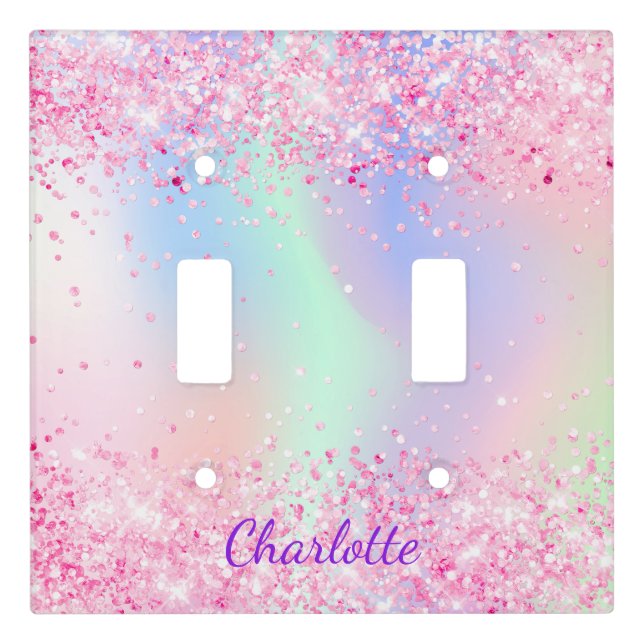 Blush pink glitter purple monogram name light switch cover (Front)