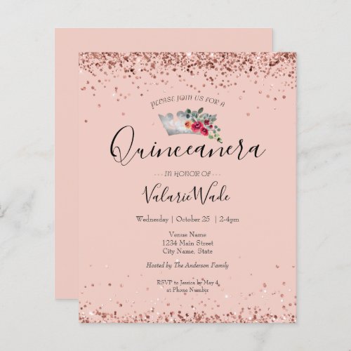 Blush Pink Glitter Quinceaera Budget Invitation