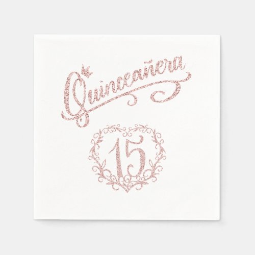 Blush Pink Glitter Quinceaera Crown 15 Heart Napkins