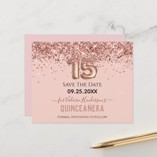 Blush Pink Glitter Quinceanera Save the Date