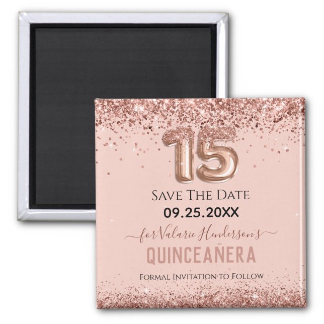 Blush Pink Glitter Quinceanera Save the Date Magnet (Front)