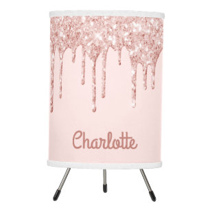 Blush pink glitter rose gold monogram glam tripod lamp
