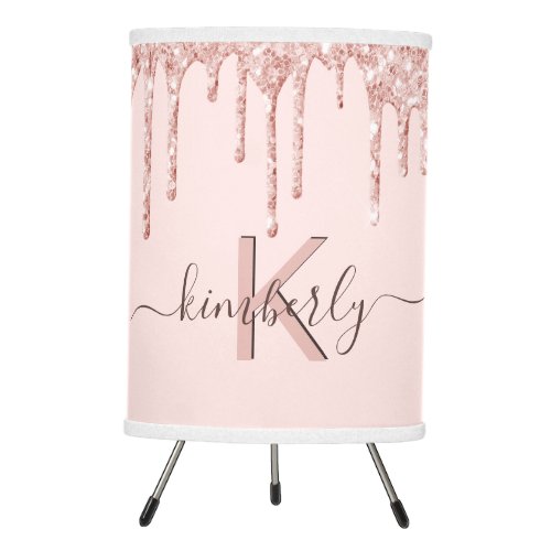 Blush pink glitter rose gold monogram script tripod lamp