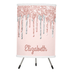 Blush pink glitter rose gold silver name girl tripod lamp