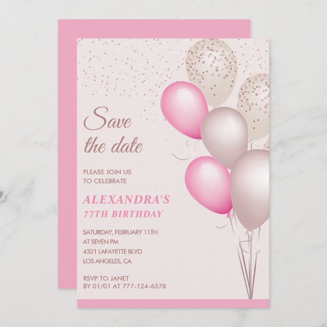 Blush Pink Glitter Save the date 77th birthday Invitation (Front/Back)