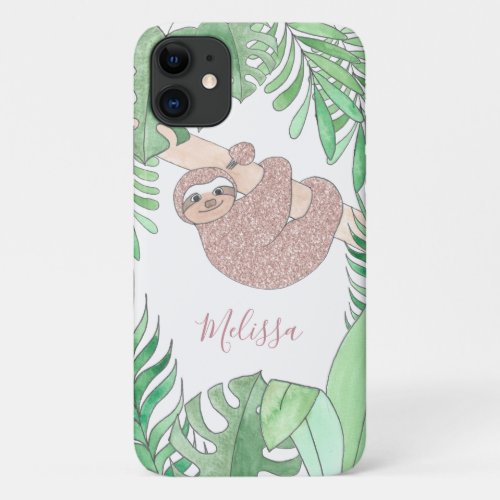 Blush Pink Glitter Sloth Jungle Leaves Personalize iPhone 11 Case