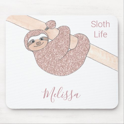 Blush Pink Glitter Sloth Life Name Mouse Pad