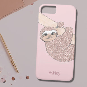 Blush Pink Glitter Sloth Name Monogram Girly iPhone 8/7 Case