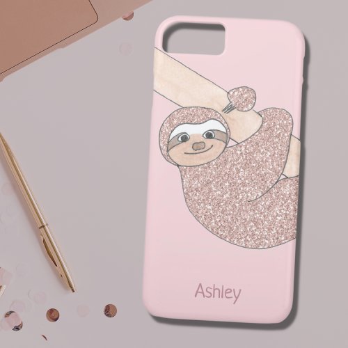 Blush Pink Glitter Sloth Name Monogram Girly iPhone 87 Case
