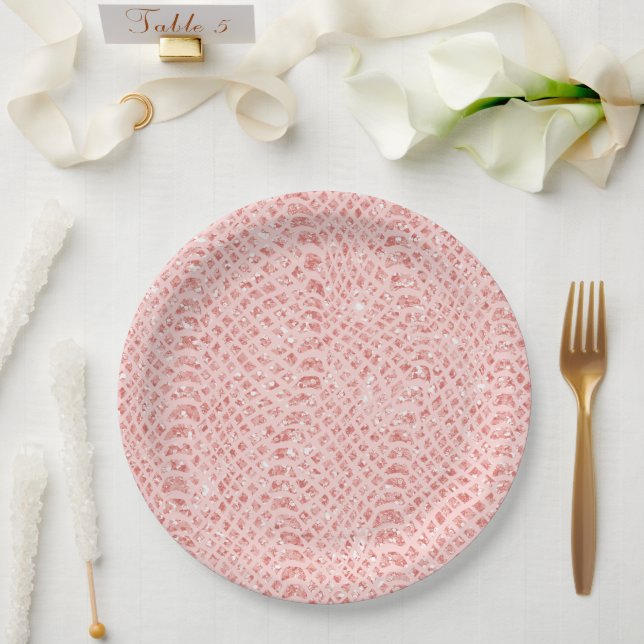 Blush Pink Glitter Snake Skin Animal Print Paper Plates (Wedding)