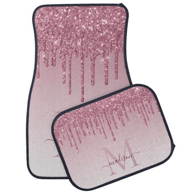 Blush Pink Glitter Sparkle Drips Monogram Script Car Floor Mat (Set)
